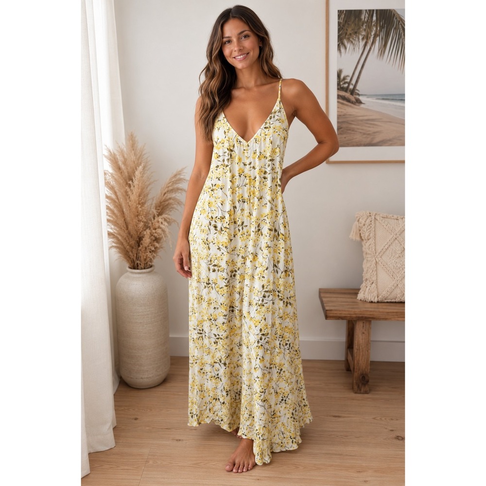 La Blanca Maxi Dress M Yellow Floral Rayon Strappy Beach Swim Cover Up -3708